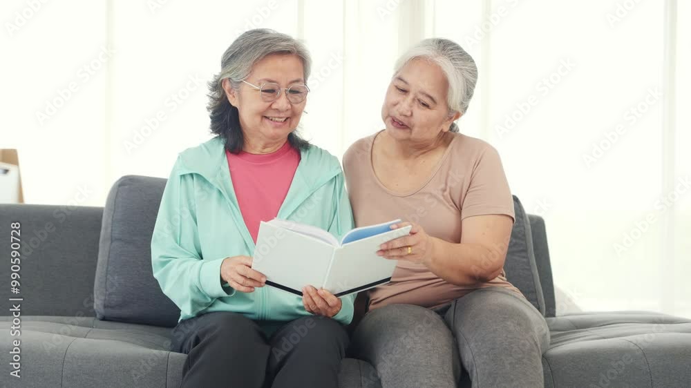 Two retired senior female friends spend their free time reading books, spending time and chatting to relieve stress on the sofa in a good mood. Two retired senior female friends spend their free time reading books, spending time and chatting to relieve stress on the sofa in a good mood.