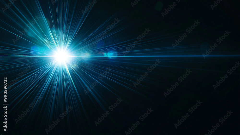 Fototapeta premium Bright blue light rays burst through darkness, illuminating the space with vibrant energy