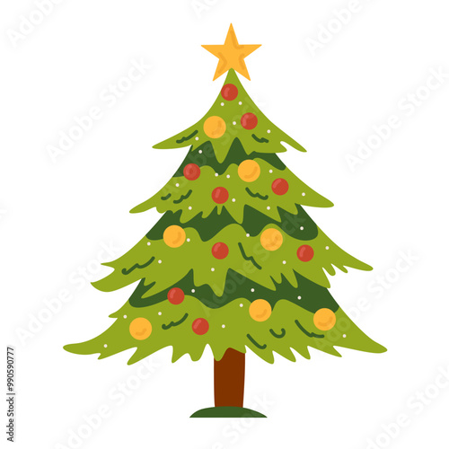Traditional Xmas tree decorated with festive baubles, garland. Artificial spruce on stand. Flat vector illustration isolated on white background