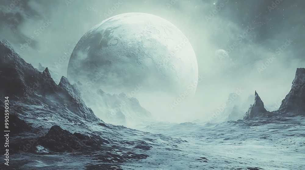 Foggy Alien Landscape with Large Moon - 3D Illustration Foggy Alien Landscape with Large Moon - 3D Illustration