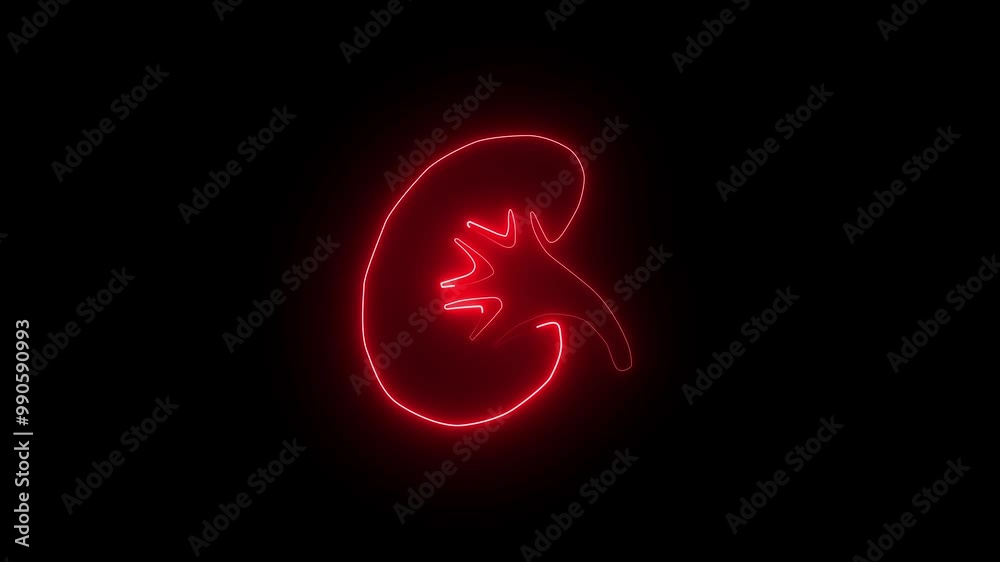 Neon human kidney icon, animation on black background. Neon human kidney icon, animation on black background.