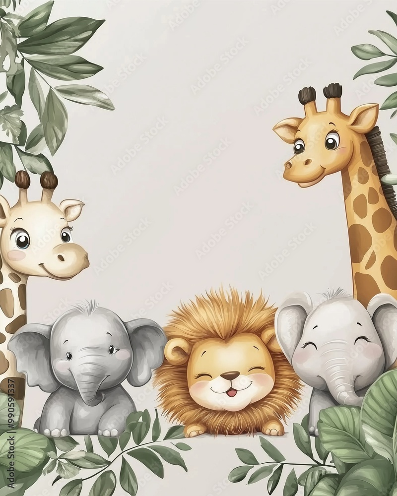 Obraz premium Smiling jungle animals including giraffe, lion, and elephants in leafy frame illustration.