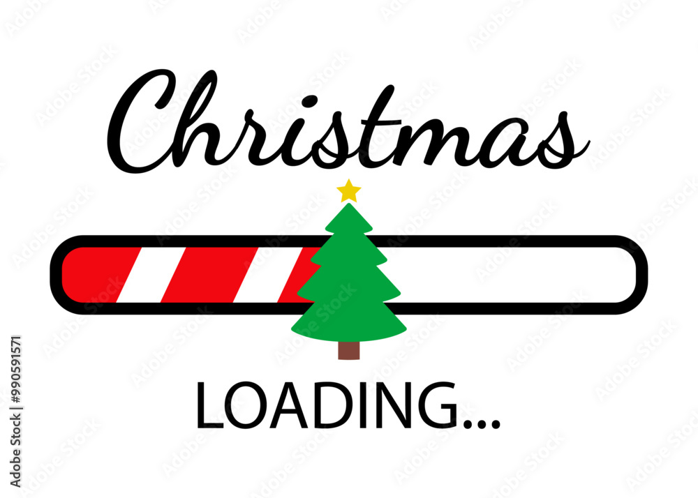 Logo con texto Christmas Loading con barra de progreso con árbol de navidad con estrella. Banner de descarga para felicitaciones y tarjetas