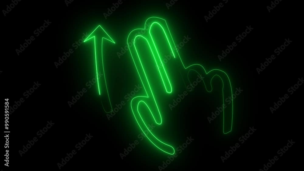 glowing light neon line green color arrow icon with hand icon animation. glowing light neon line green color arrow icon with hand icon animation.