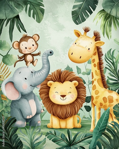 Cute jungle animals including monkey, elephant, lion, and giraffe in a tropical leafy scene.