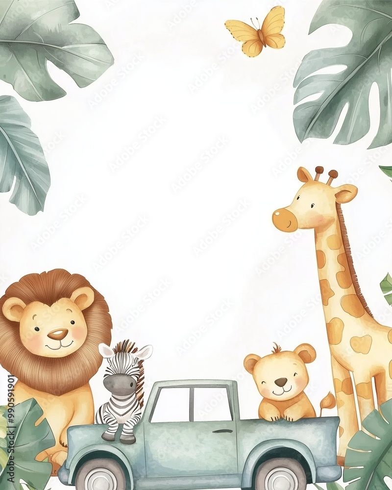 Obraz premium Jungle animals including lion, zebra, giraffe, and bear with a car and butterflies.