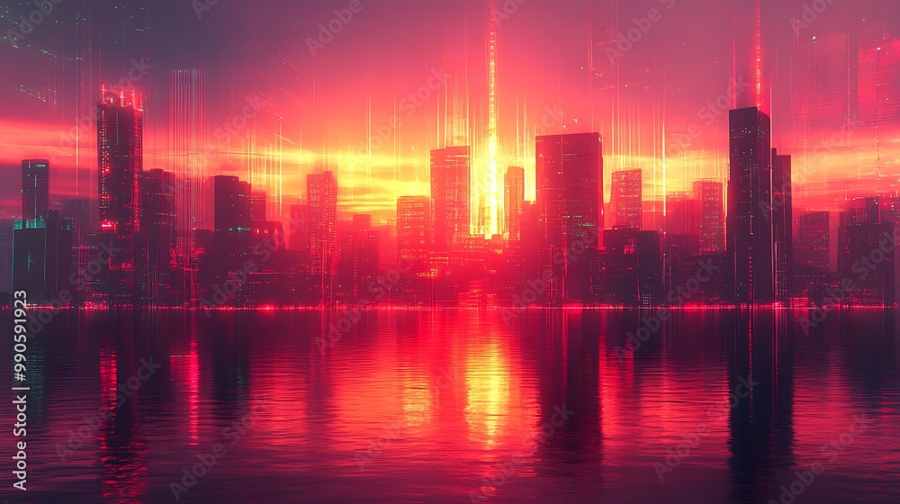 Cyberpunk Cityscape with Red and Yellow Lights Illustration