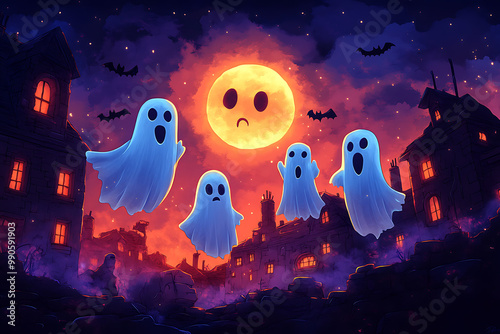 A group of goofy ghosts with clumsy movements hilariously fail at scaring people, floating above a haunted house with cartoon bats and a grinning oversized moon in a vibrant, playful Halloween scene.
 photo