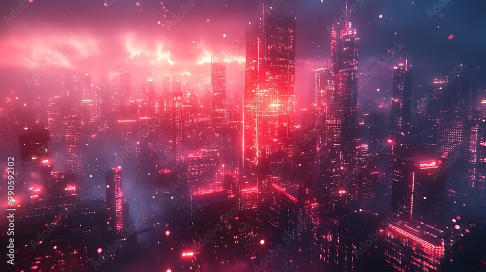 Red Neon Futuristic Cityscape Illustration Red Neon Futuristic Cityscape Illustration