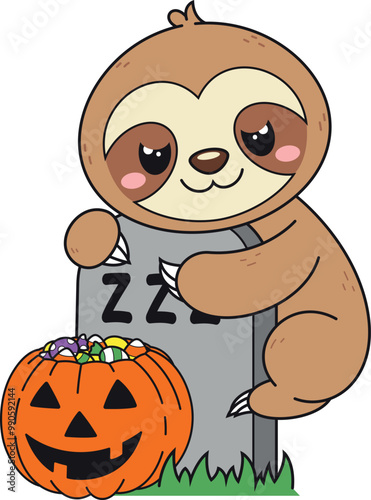 Cartoon sloth on graveyard tombstone vector illustration