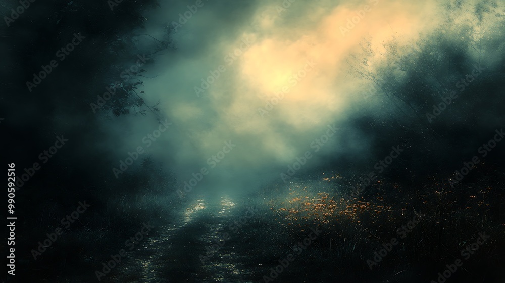 Mysterious Forest Path with Foggy Sky - Illustration Mysterious Forest Path with Foggy Sky - Illustration
