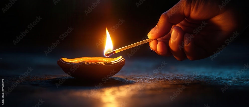 A hand striking a match to light an oil lamp, creating a warm ambiance in a dark setting. A hand striking a match to light an oil lamp, creating a warm ambiance in a dark setting.