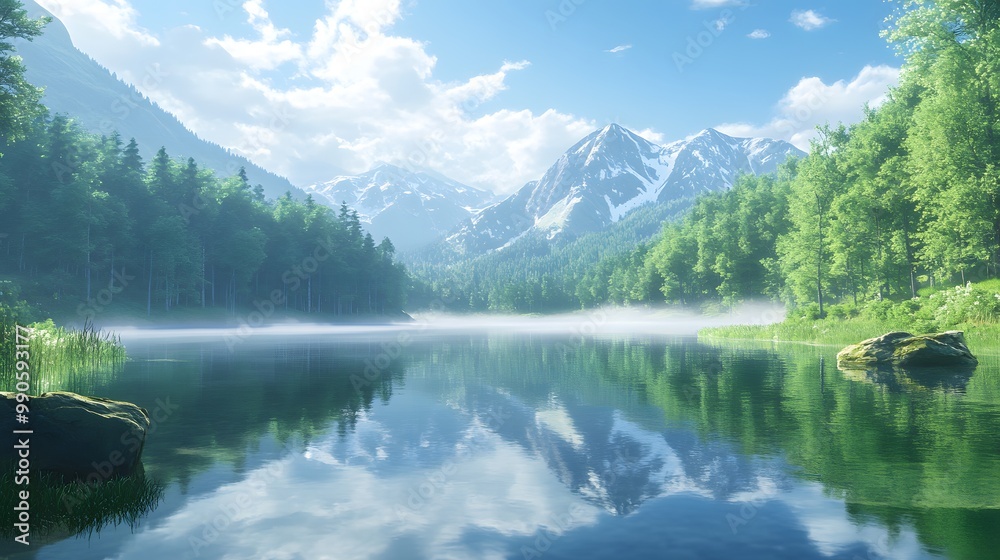 Naklejka premium A serene lake surrounded by dense forests and towering mountains, reflecting the clear blue sky with soft mist rising from its surface