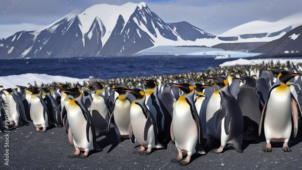 Obraz premium A colony of emperor penguins huddled together on a snowy Antarctic beach, their white feathers contrasting against the icy landscape