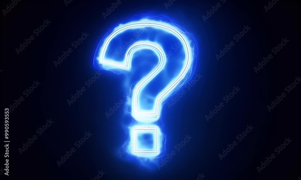 Animation of a bright neon question mark glowing intensely with slight flickering and light stripes on a black background. Animation of a bright neon question mark glowing intensely with slight flickering and light stripes on a black background.