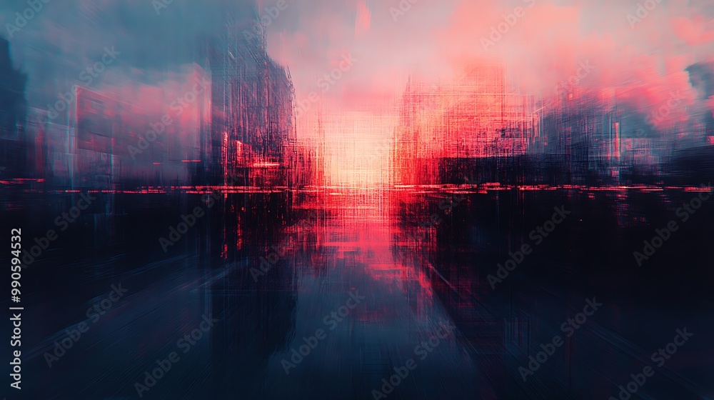 Abstract Digital Cityscape with Red and Blue Hues Illustration Abstract Digital Cityscape with Red and Blue Hues Illustration