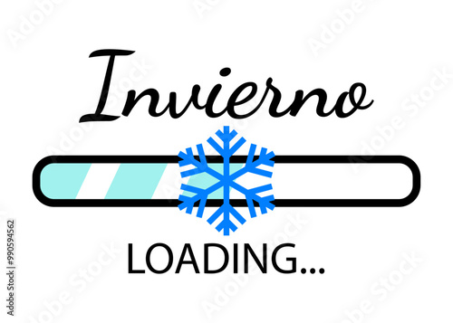Logo con texto Invierno Loading en español con barra de progreso con copo de nieve. Banner de descarga para felicitaciones y tarjetas