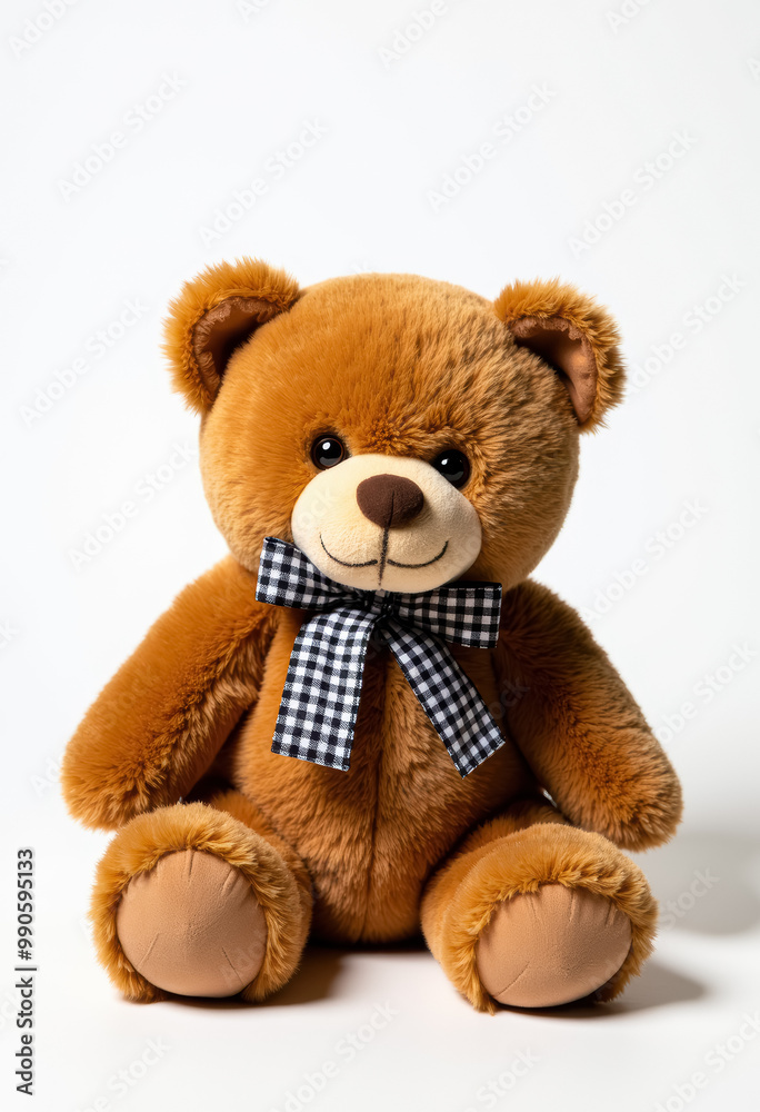 Obraz premium 無地の背景に蝶ネクタイをした座っているおもちゃのクマ