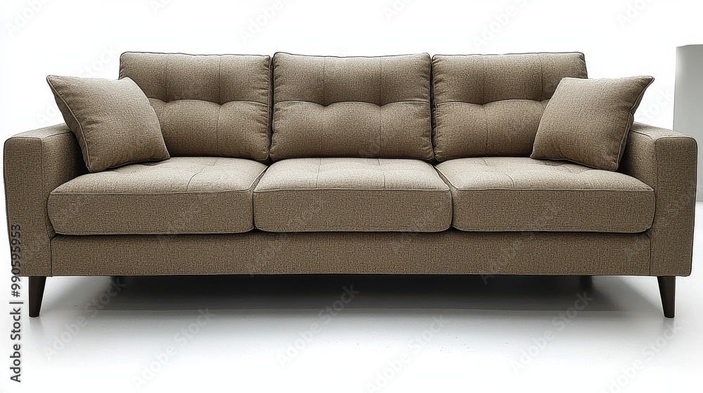 Fototapeta premium Stylish beige couch with plush cushions on a simple background, perfect for modern living spaces or cozy interiors