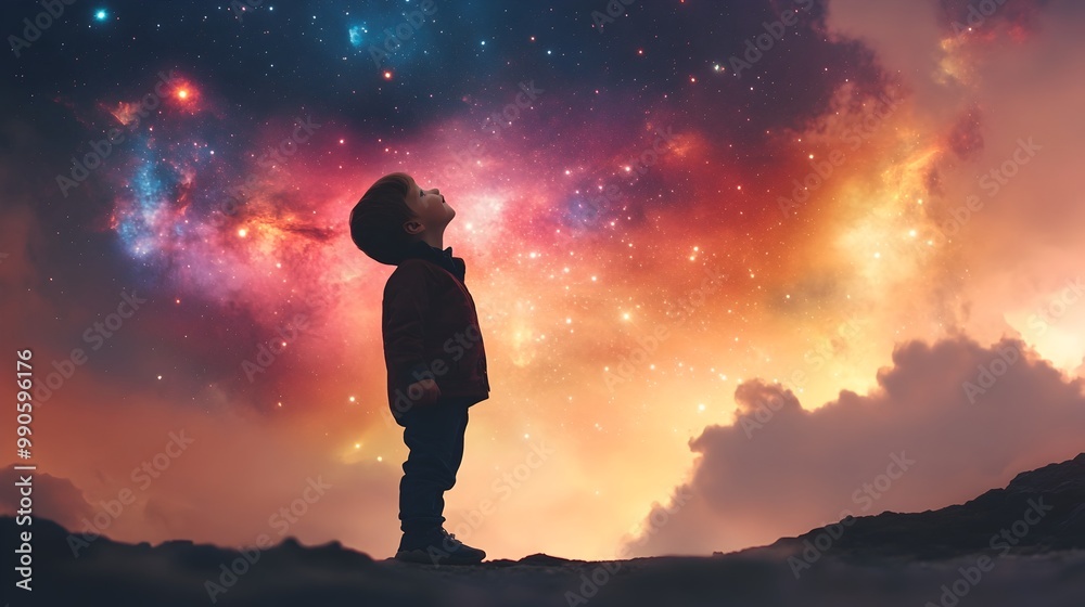 Fototapeta premium A Child s Silhouette Exploring the Boundless Cosmic Wonders