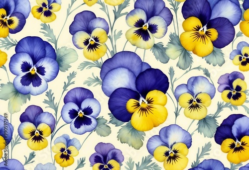 Bright  watercolor background, Beautiful violet and yellow pansy flowers pattern on a light background for textile design