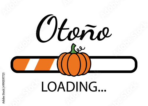 Logo con texto Otoño Loading en español con barra de progreso con calabaza. Banner de descarga para felicitaciones y tarjetas