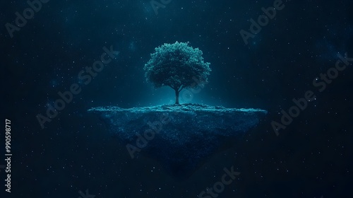 Fantastical Tree Growing in Vibrant Glowing Sea Representing Nature and Creativity Fusion