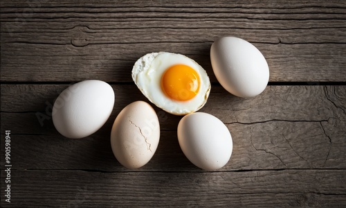 Egg yolk fried in shell on wooden surface