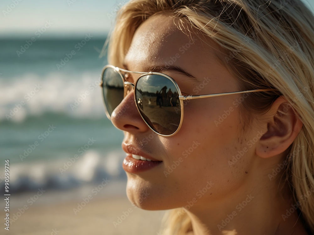 Blonde woman in sunglasses enjoying the beach view. Blonde woman in sunglasses enjoying the beach view.