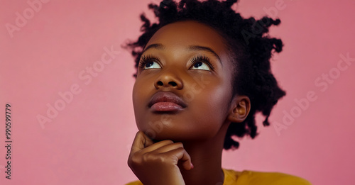 A young Black woman, deep in thought with her hand on her chin, gazes upward against a pink backdrop.