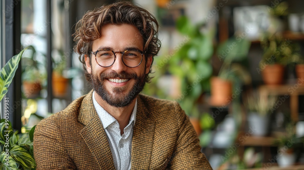 Smiling man with glasses in a stylish café surrounded by plants during daytime Smiling man with glasses in a stylish café surrounded by plants during daytime