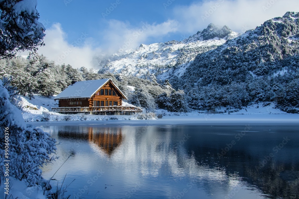 Fototapeta premium Cozy Cabin by a Snow-Covered Lake Surrounded by a Winter Forest in Serene Mountain Landscape