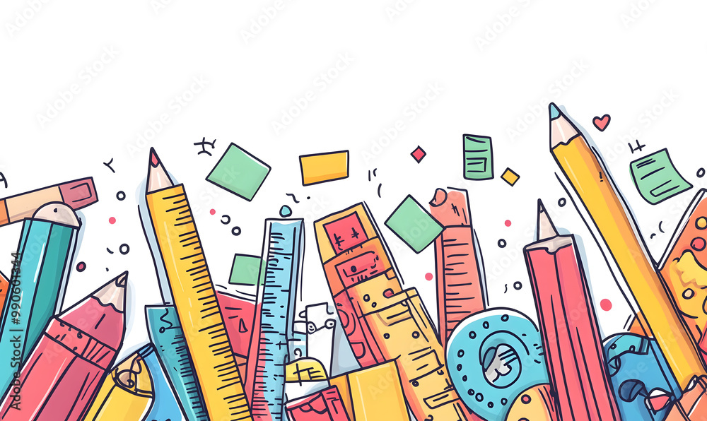 stationery in doodle 2D illustrator style, with cartoonish/symbolic elements and a white background. stationery in doodle 2D illustrator style, with cartoonish/symbolic elements and a white background.