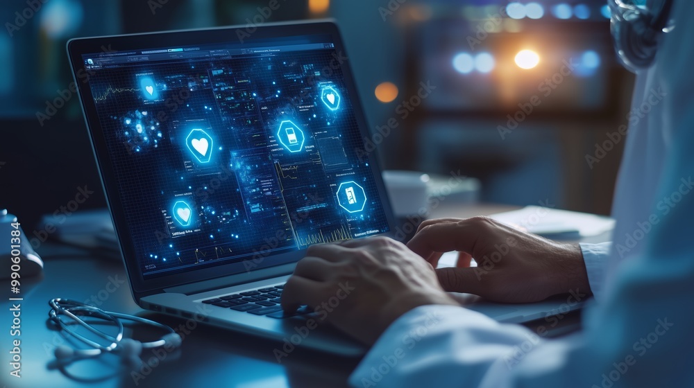 Healthcare professional working on a laptop with digital health data analytics in a modern clinic environment at night Healthcare professional working on a laptop with digital health data analytics in a modern clinic environment at night