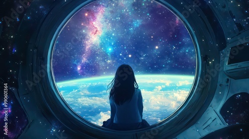Fototapeta Naklejka Na Ścianę i Meble -  A lone figure gazes out a spaceship window at the vast expanse of space, with a swirling galaxy above and clouds below.