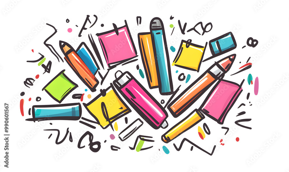 stationery in doodle 2D illustrator style, with cartoonish/symbolic elements and a white background. stationery in doodle 2D illustrator style, with cartoonish/symbolic elements and a white background.