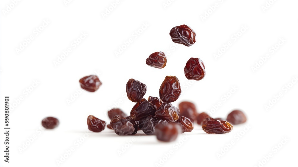 A handful of raisins falling on a white surface.