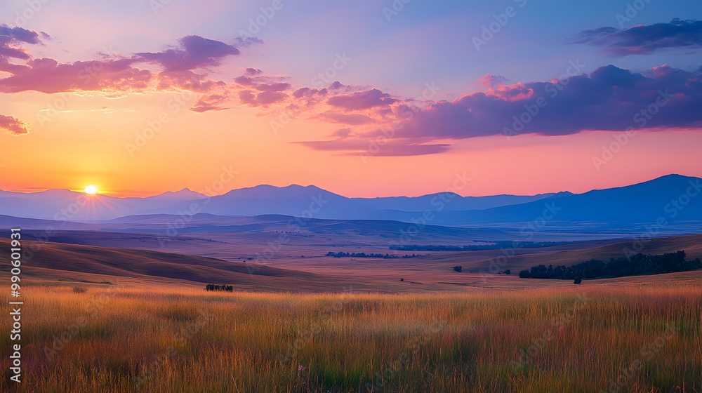 Fototapeta premium Sunset Over Rolling Hills and Distant Mountains