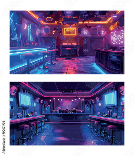 Night club cartoon vector scenes. Bar counter sound speakers screen monitor seats beer cocktails bottle alcohol drinks racks shelves dance musical equipment modern neon glowing empty interior