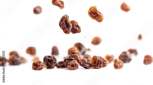 Closeup of brown raisins against a white background. Some raisins are falling from the top.