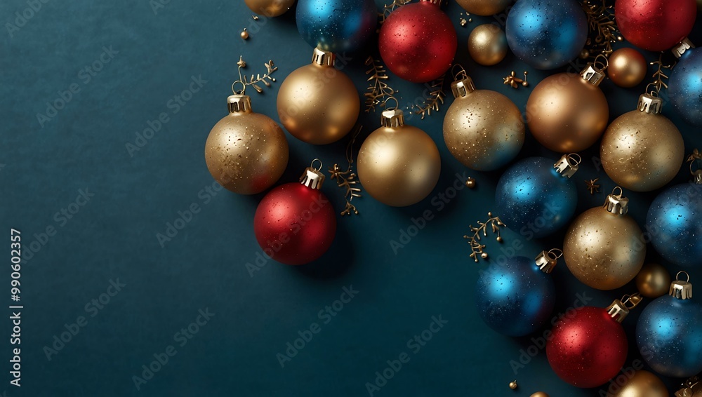 Blue background with scattered Christmas ornaments. Blue background with scattered Christmas ornaments.
