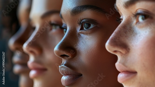 Close-up of diverse women's faces in profile, representing unity, racial diversity, and inclusion. Concept of teamwork and equity. photo