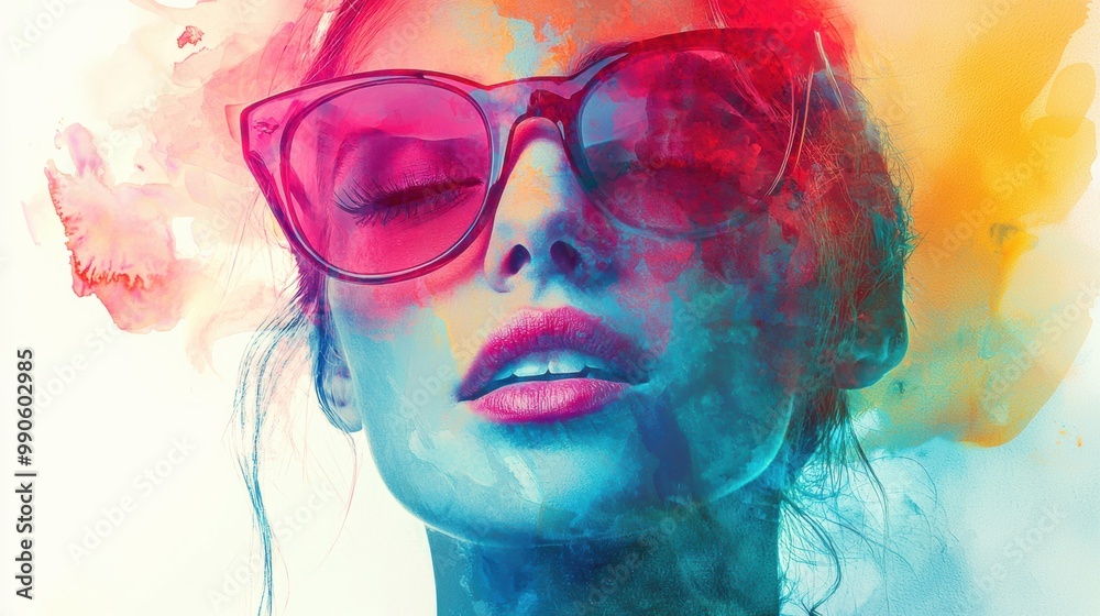 Obraz premium Captivating Colorful Portrait of a Glamorous Woman in Vibrant Makeup and Eyeglasses