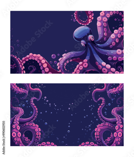 Octopus tentacles cartoon vector concepts. Squid under water empty text place bubbles kraken marine ocean sea deep hunter kalmar predator monster banner illustrations