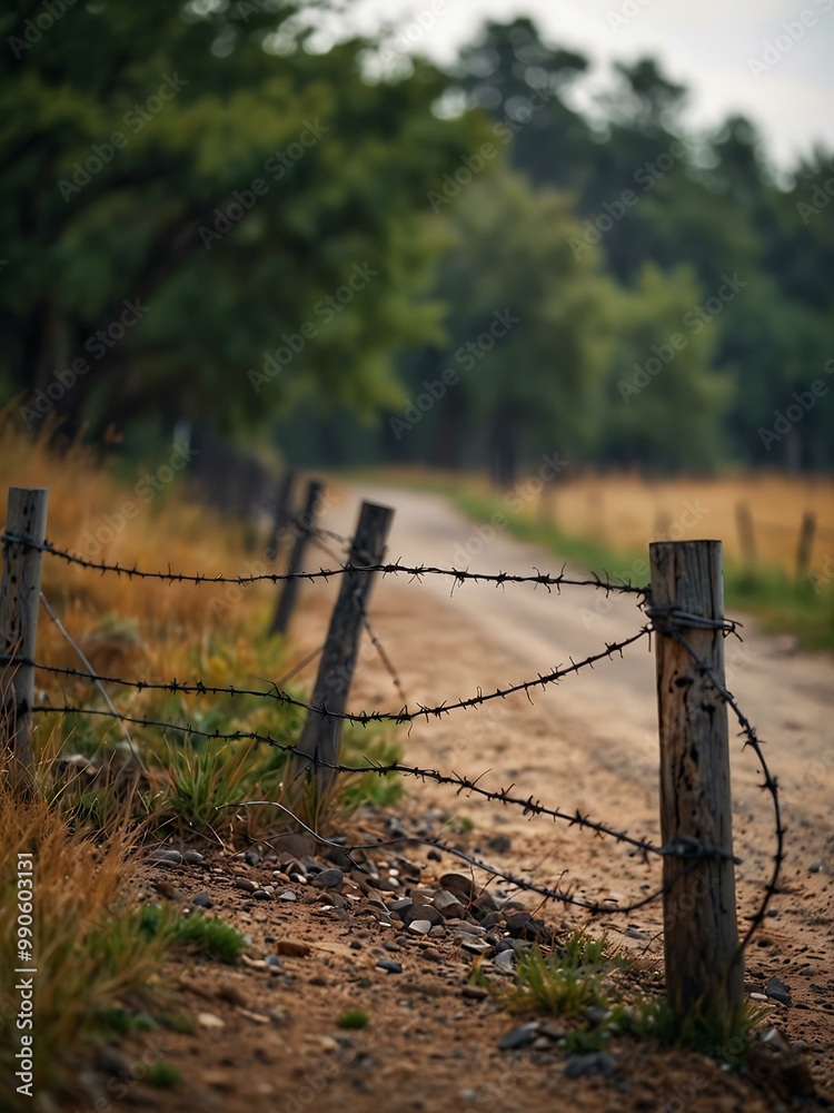 Fototapeta premium Blurry barbed wire along a dusty country road.