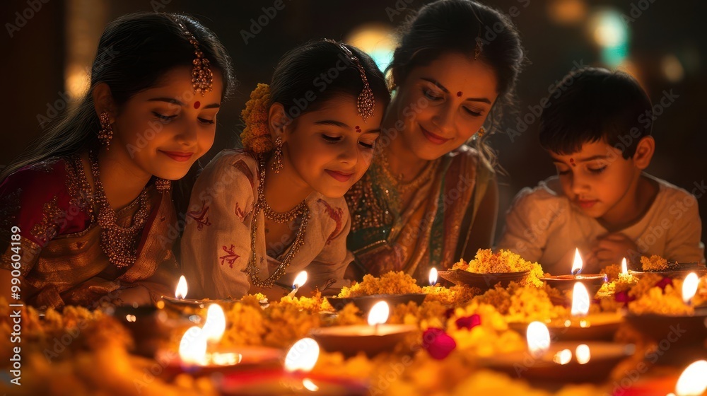 A joyful family celebrating a festival with candles, flowers, and traditional attire, showcasing love and togetherness.