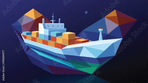 Abstract Low Poly 3D Cargo Ship Isolated on Dark Blue Background Vector Illustration for Modern Design