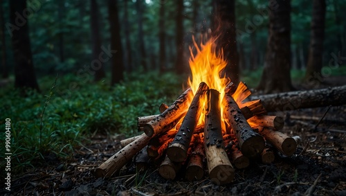 Bonfire in the forest, creating a cozy atmosphere.