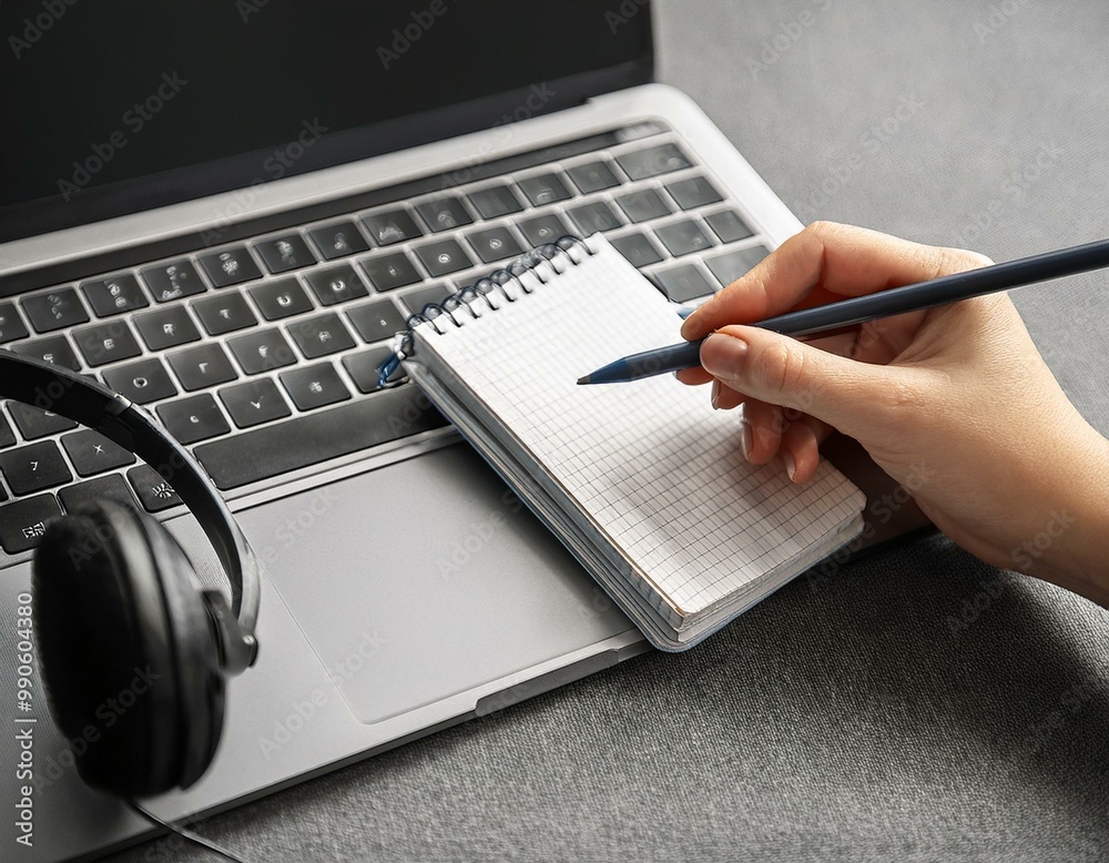 Female hands working on wooden work place with modern gadgets Female hands working on wooden work place with modern gadgets