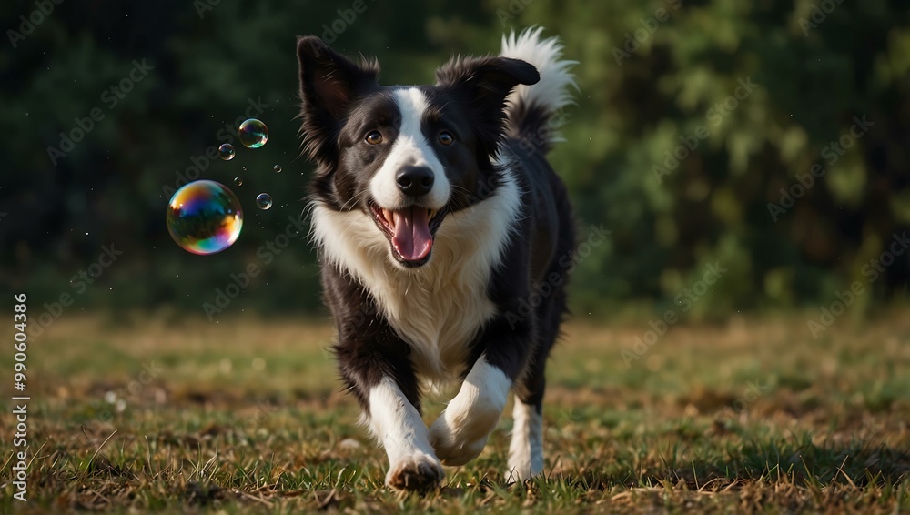Fototapeta premium Border collie catching a soap bubble.